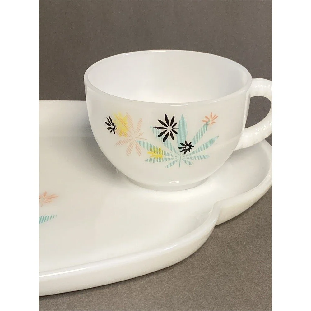 Vintage ATOMIC FLOWER PATIO BY FEDERAL Milk Glass Snack Set Tea Coffee